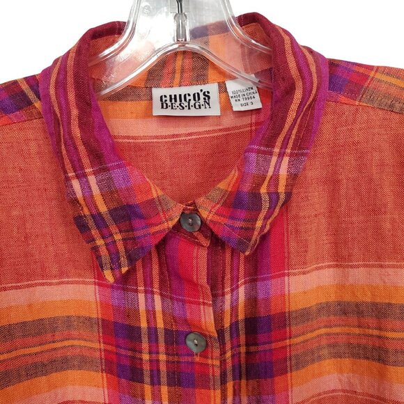 Chicos Design 3 Size XL Shirt Abalone Shell Button Plaid 100% Linen Relaxed Boho - Picture 6 of 11